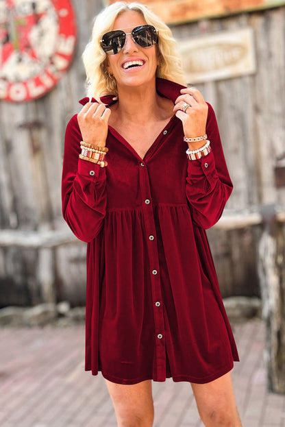 Red Long Sleeve Ruffle Velvet Button Up Shirt Dress