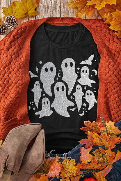 Black Halloween Glitter Ghost Pattern Graphic T Shirt