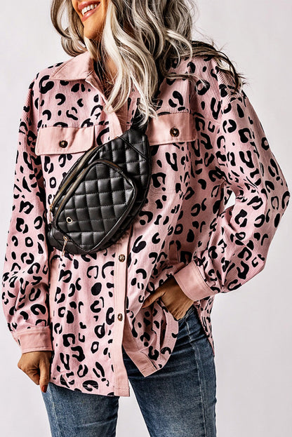 Pink Leopard Collared Neckline Flap Pockets Corduroy Jacket