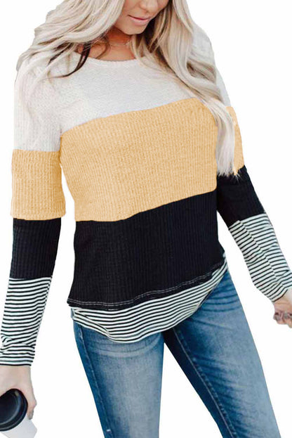 Color Block Stripes Trim Patchwork Casual Textured Long Sleeve Top