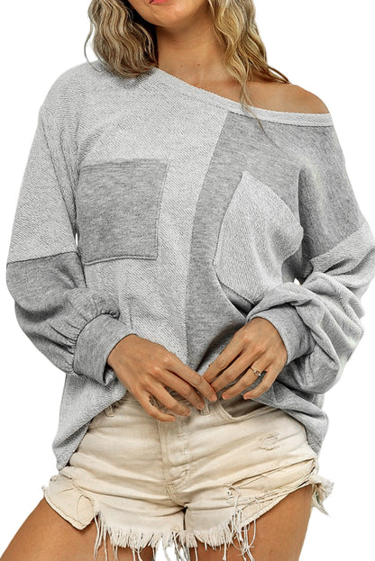 Grey Patchwork Chest Pockets Long Sleeve Pullover Top