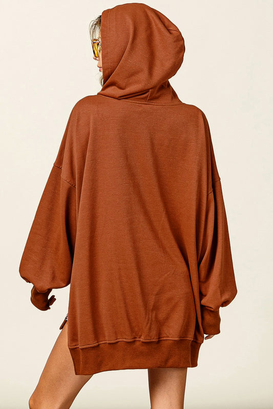 Chestnut Patchwork V-Neck Oversized Slit Hem Sweatshirt