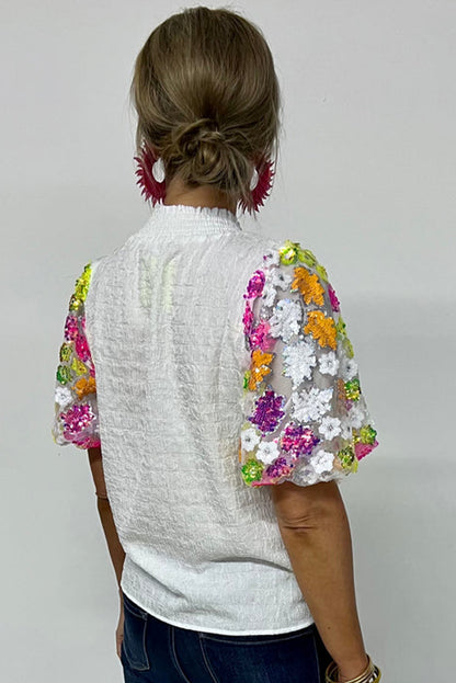 White Smocked Neck Sequin Flower Puff Sleeve Textured Top