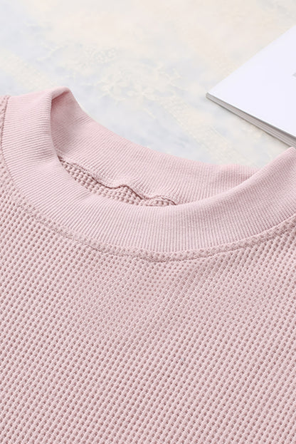 Pink Waffle Knit Crew Neck Casual Long Sleeve Top