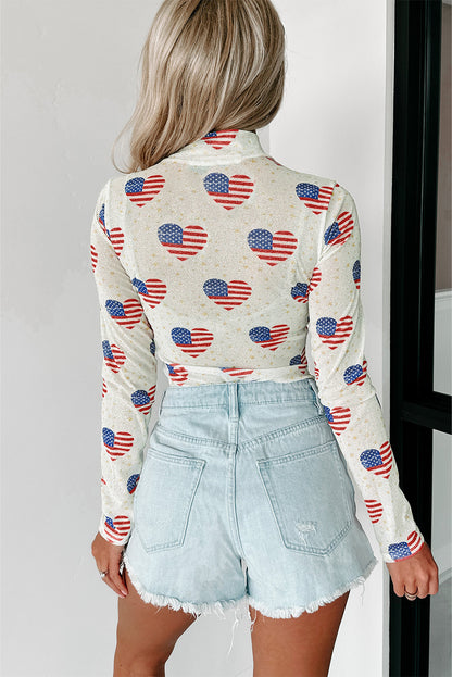 White Heart USA Flag Print Glitter Mesh Bodysuit