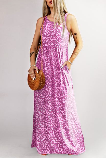 Sleeveless Floor Length Leopard Print Dress with Pockets