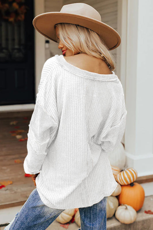 Gray Contrast Patched V Neck Waffle Knit Henley Top