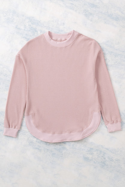 Pink Waffle Knit Crew Neck Casual Long Sleeve Top