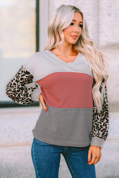 Leopard Print Color Block V Neck Waffle Knit Long Sleeve Top