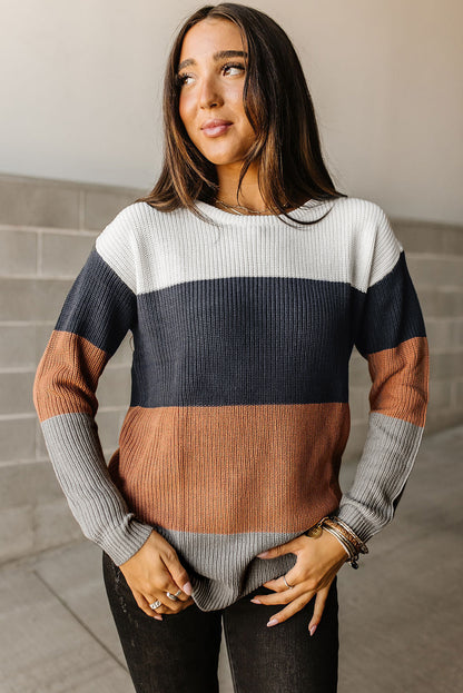 Red Color Block Casual Knit Pullover Sweater