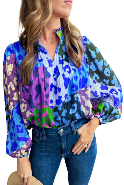 Sky Blue Leopard Color Block Puff Sleeve Crinkle Blouse