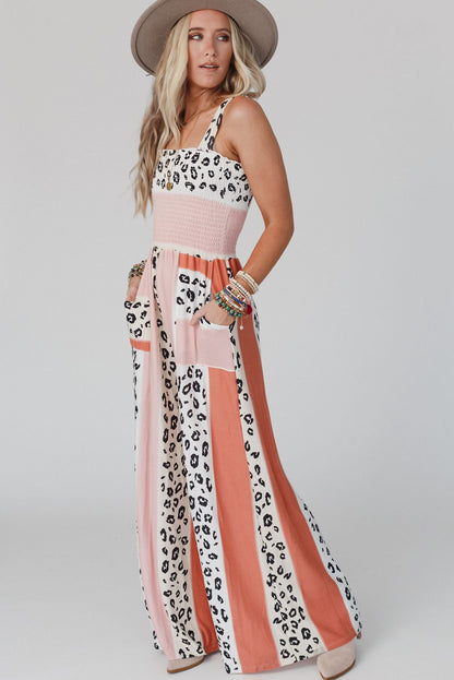 Leopard Color Block Mix Print Pocketed Jumpsuit