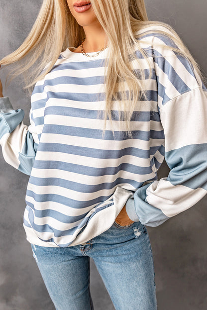 Blue Striped Casual Drop Shoulder Pullover Sweatshirt