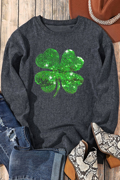 Gray Sequins St Patrick Clover Graphic Corded Sweatshirt