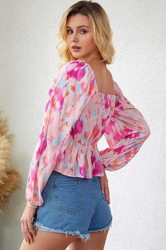 Watercolor Abstract Print Pleated Long Sleeve Blouse