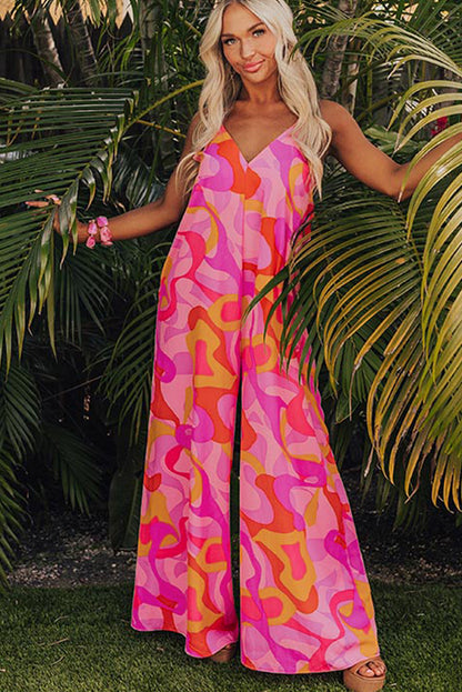 Pink Abstract Print V Neck Slouchy Wide Leg Jumpsuit