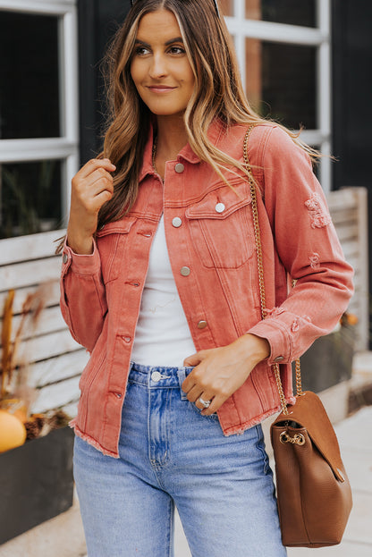 Red Distressed Raw Hem Pocket Buttons Denim Jacket