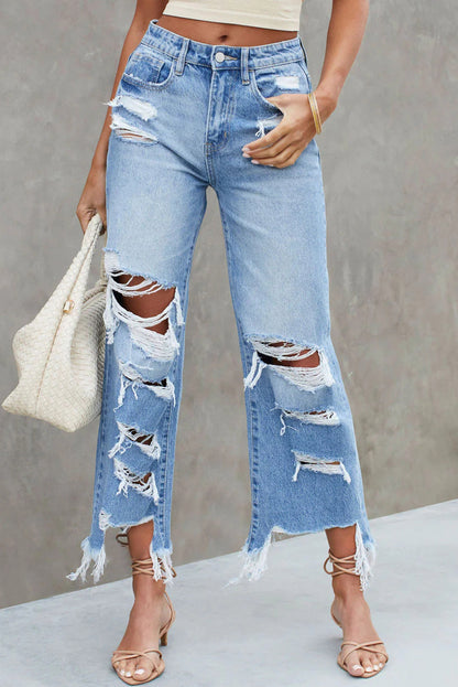 Blue Heavy Destroyed Raw Hem Wide Leg Jeans