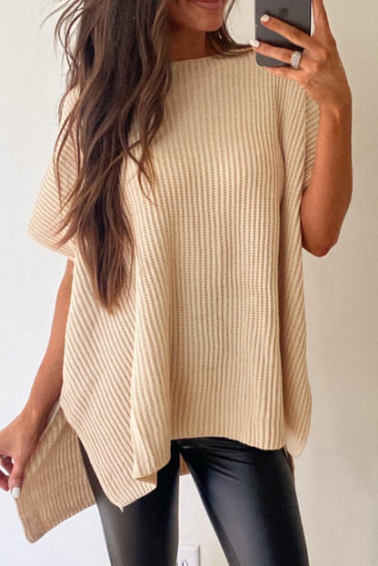 Rose Red Side Slit Short Sleeve Oversized Sweater