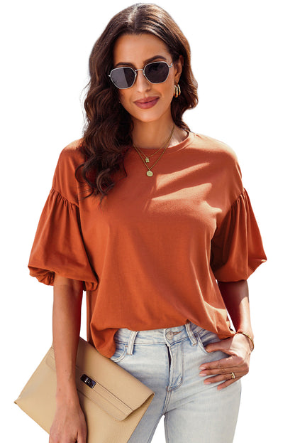 Orange Solid Color Casual Bishop Sleeve Blouse