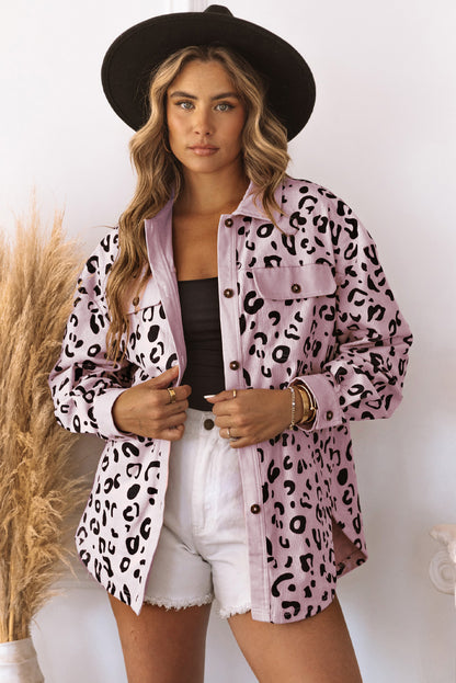 Pink Leopard Collared Neckline Flap Pockets Corduroy Jacket