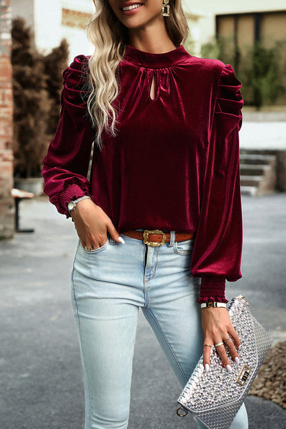 Red Mock Keyhole Neck Puff Sleeve Velvet Blouse