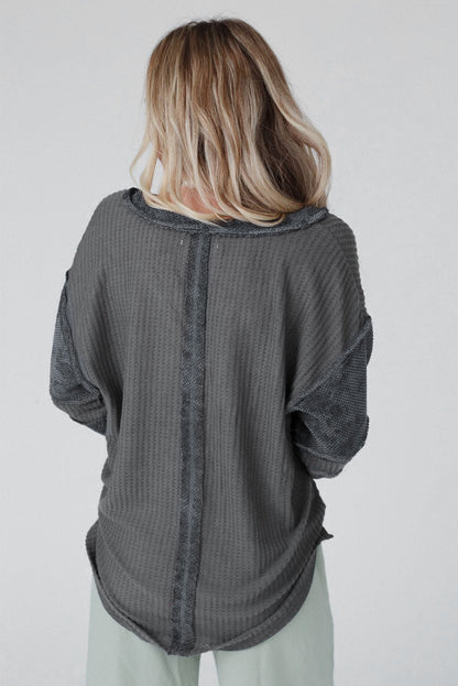 Gray Contrast Patched V Neck Waffle Knit Henley Top