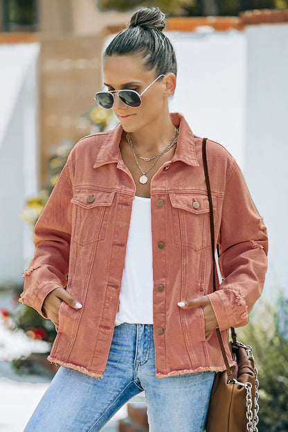 Red Distressed Raw Hem Pocket Buttons Denim Jacket