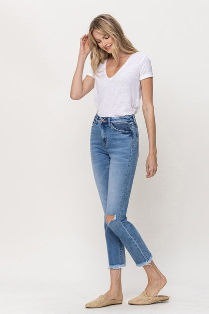 KNEE SLIT FREY HEM CROP STRAIGHT