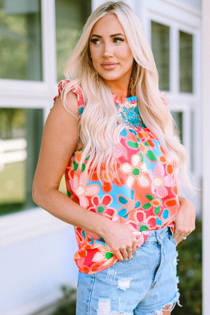 Floral Embroidered Flutter Sleeve Tank Top