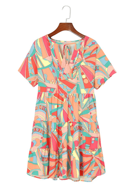 Multicolor Geometric Abstract Print Long Sleeve Shirt Dress