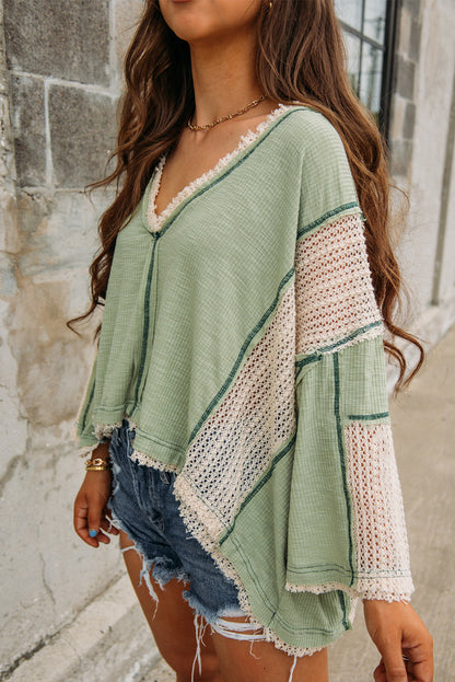 Grass Green Crochet Patchwork Exposed Seam High Low Loose Top