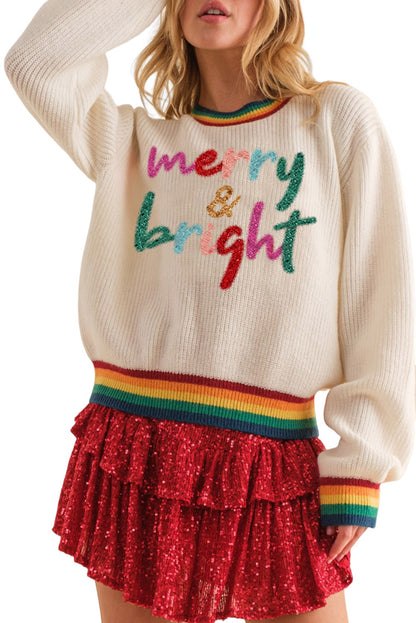 White Glitter Merry & Bright Rainbow Striped Trim Sweater