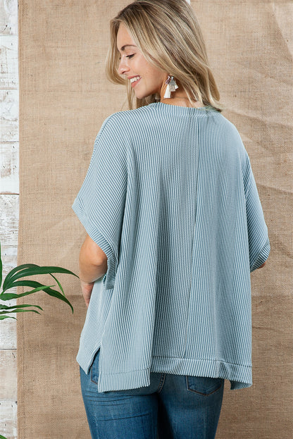 Sky Blue Plain Ribbed Knit Batwing Sleeve Tunic Oversized T Shirt