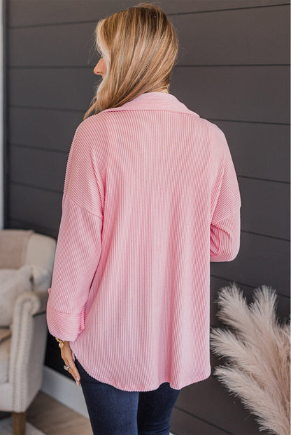 Pink Solid Color Textured Roll Tab Sleeve Shirt Jacket