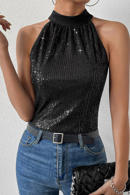 Black Keyhole Tie Back Sequin Tank Top