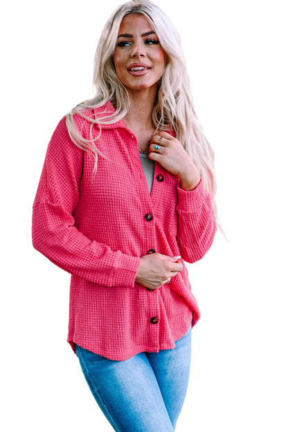 Hot Pink Pocket Buttons Front Waffle Knit Top