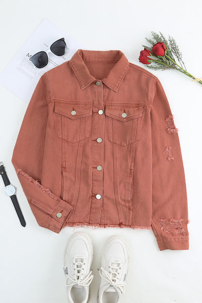 Red Distressed Raw Hem Pocket Buttons Denim Jacket