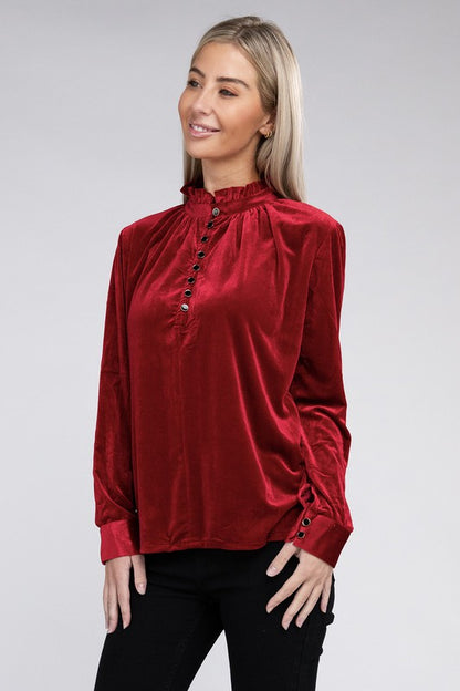 Frill Notched Neckline Velvet Blouse