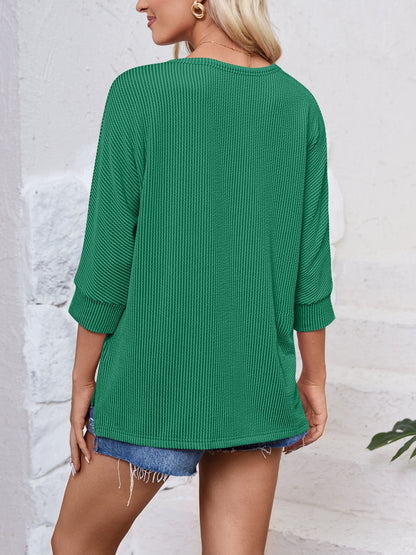 Textured Round Neck Three-Quarter Sleeve Blouse