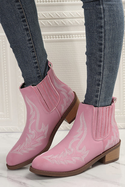 White Embroidered Leather Thick Heel Booties