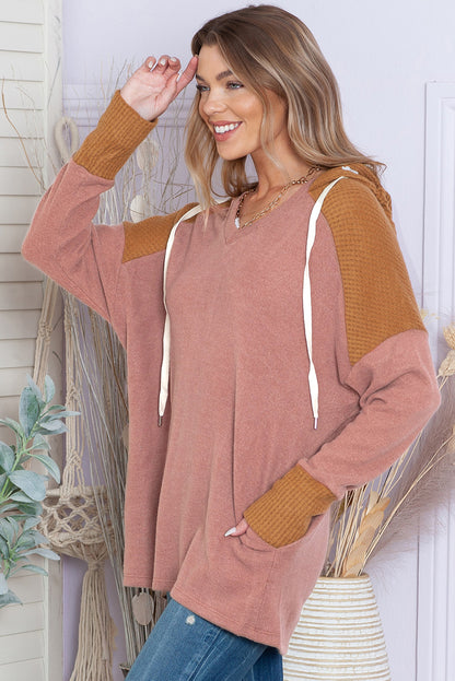 Brown Patchwork Casual Drawstring Tunic Hoodie