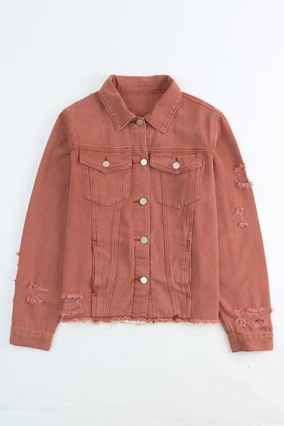 Red Distressed Raw Hem Pocket Buttons Denim Jacket