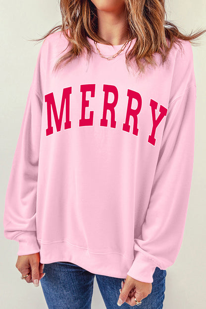 Pink MERRY Alphabet Print Loose Fit Christmas Sweatshirt