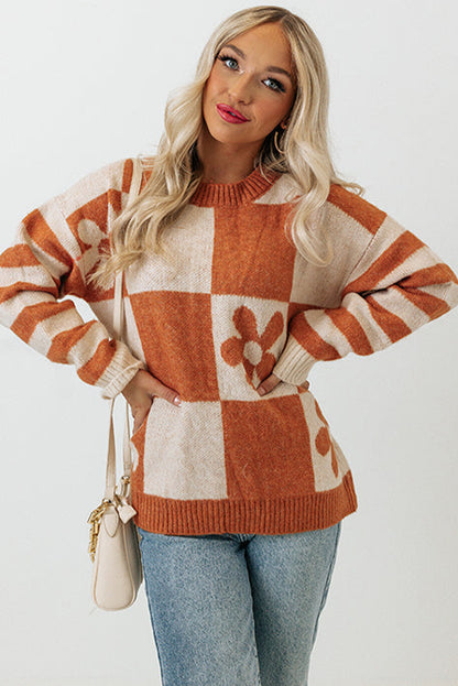 Brown Checkered and Striped Knitted Pullover Sweater