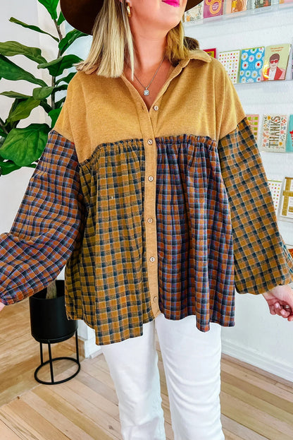 Khaki Yellow Plaid Frill Trim Lantern Sleeve Babydoll Shirt