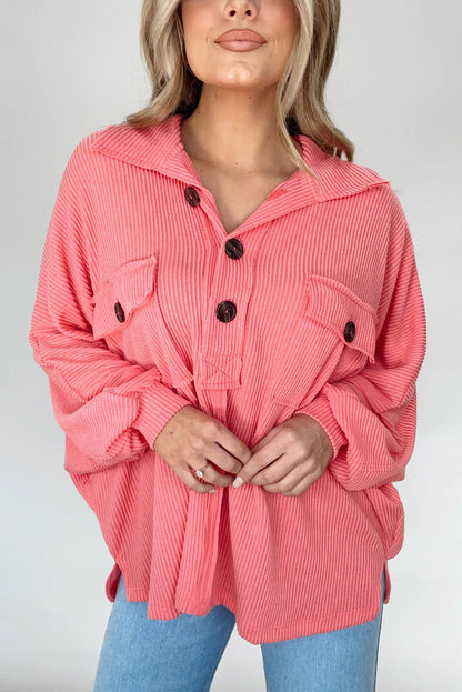 Pink Solid Color Ribbed Collared Henley Long Sleeve Top