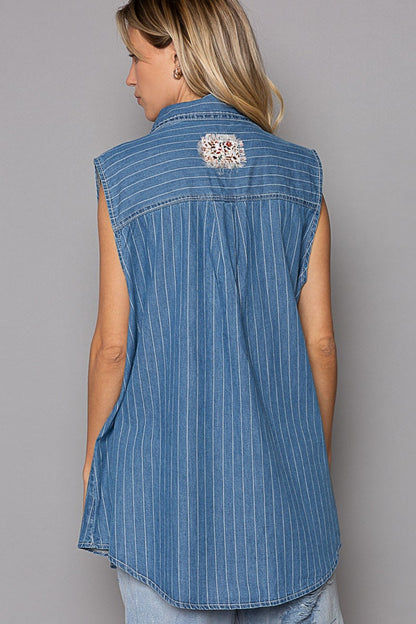 POL Button Down Sleeveless Striped Denim Shirt