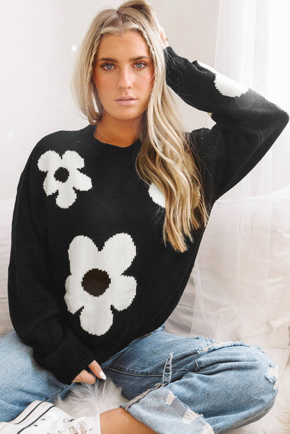 Black Flower Pattern Ribbed Trim Knit Sweater