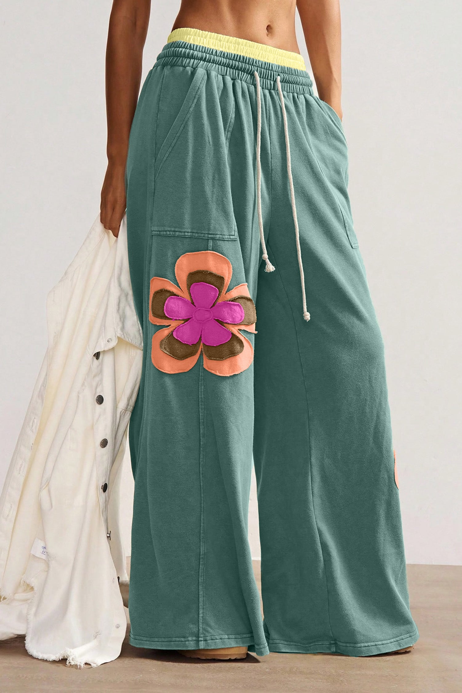 Grapefruit Orange Color Block Flower Patchwork Drawstring Contrasted Elastic Waist Wide Leg Pants